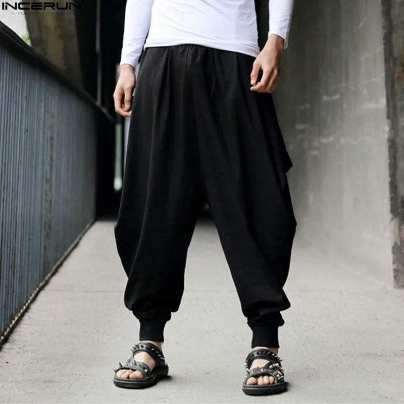 Мужские и женские повседневные свободные шаровары в японском стиле самурая с заниженным шаговым швом, Хакама Капри, укороченные льняные штаны, брюки 5XL - Цвет: Black