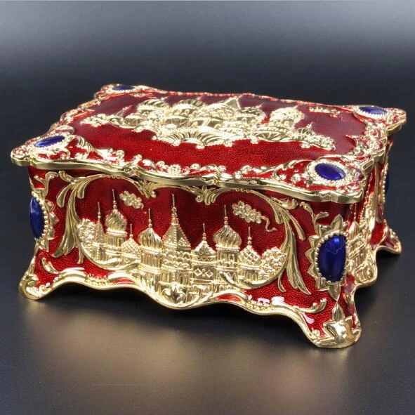 Vintage Jewelry Box Mini European Style Antique Jewelry Box Metal Enamel  Ring Necklace Earring Organizer Gold Red