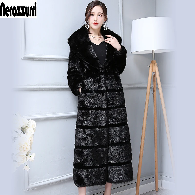 

Nerazzurri Duster Faux Fur Coat Women 2019 Winter Extra Long Black Striped Patchwork Plus Size Fake Fur Overcoat xl -5XL 6XL 7XL