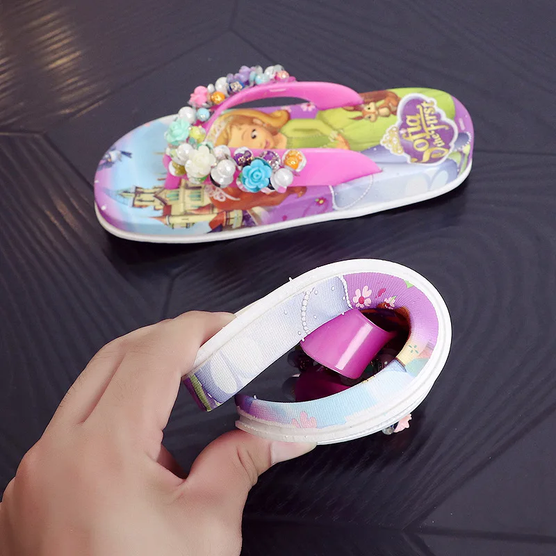 Children Girls Summer Princess PVC Beach Slippers Soft Cartoon Fashion Lovely Beading Non-slip Flip Flop Casual Shoes 2-10years