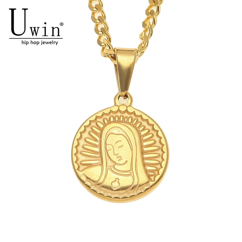 

UWIN Stainless Steel Gold Color Golden Virgin Mary Pendant Popular Hip Hop Rock Necklace Fashion Cuban chain For Men Women