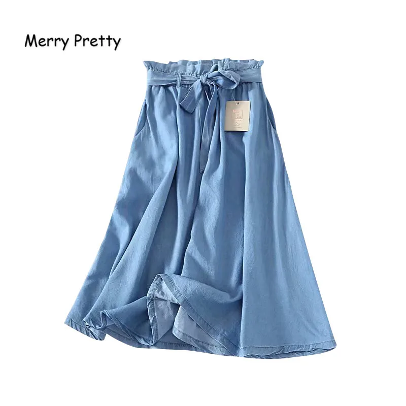 Женская джинсовая юбка с оборками Merry Pretty голубая повседневная из тенсела поясом