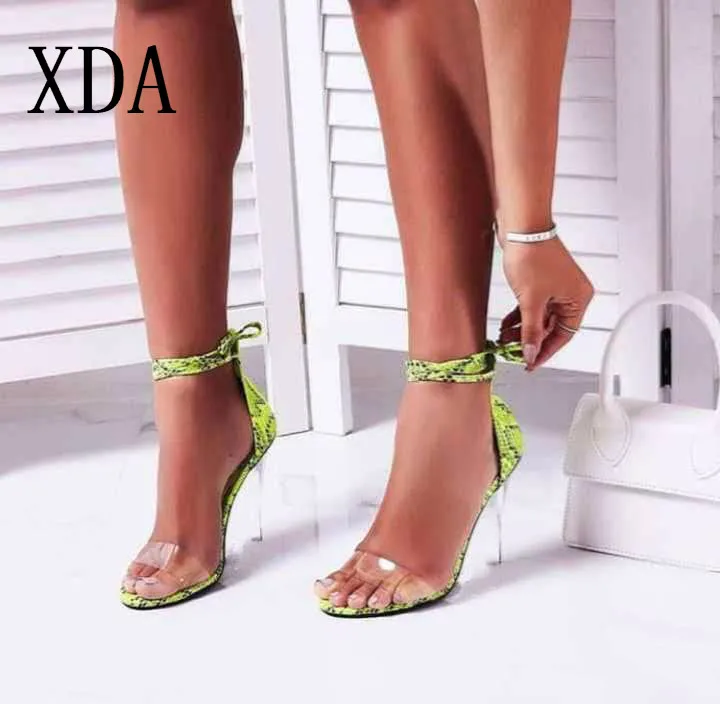 

XDA 2019 Retro PU Sandals Women's Shoes Serpentine Transparent Square High Heels Round Toe Wedding fashion sandals Size 35-40