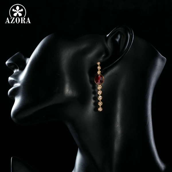 AZORA Elegant Gold Color Single Row Crystal Claw Chain Insert With Red Stellux Austrian Crystal Drop Earrings TE0209