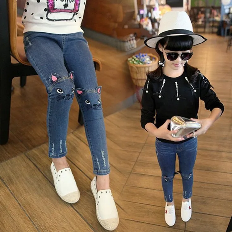 DZIECKO для девочек длинные джинсы Демисезонный 2017 Cat ХАРАКТЕР джинсовые брюки для девочек принцесса Повседневное Одежда для девочек