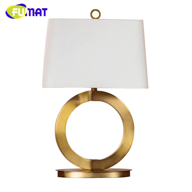 

American Country Vintage Living Room Gold Metal Ring Table Lamp with Fabric Lampshade Bedside Desk Lamp for Study
