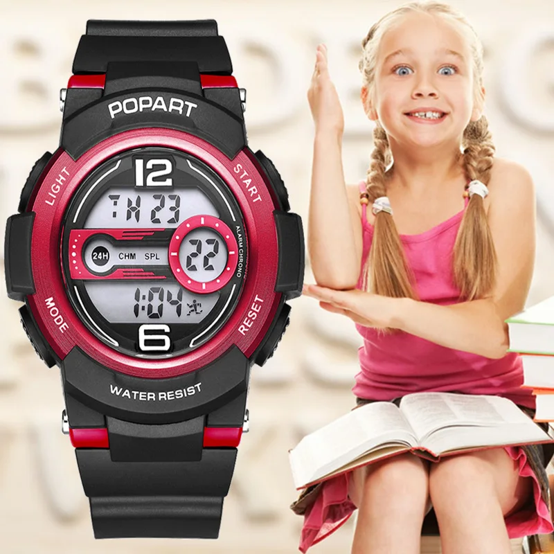 

POPART Children's Watches 7-Colored Light Stopwatch Alarm LED Digital Sport Wrist Watch 50m Waterproof Clock Kids Watches Boys