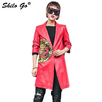 

SHILO GO Leather Trench Womens Spring Fashion sheepskin genuine leather long coat V Neck China dragon embroidery single button