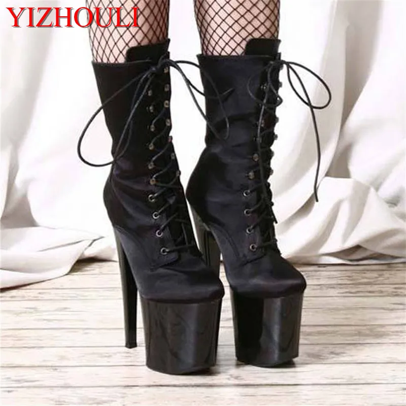 Waterproof platform women's shoes 20 cm high heel boots, sky high black boots, model pole dancing shoes