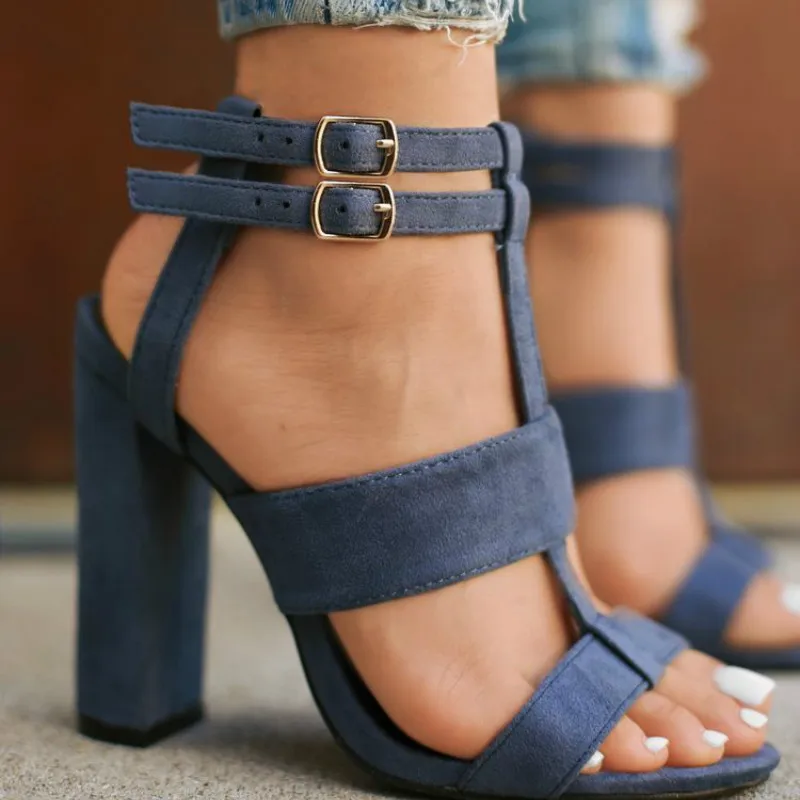 

Summer Suede Leather Girl's Sandals Navy Heel Party High Heels Buckle Shoes Woman Khaki Sandals Ankle Strap Heels 10.5cm