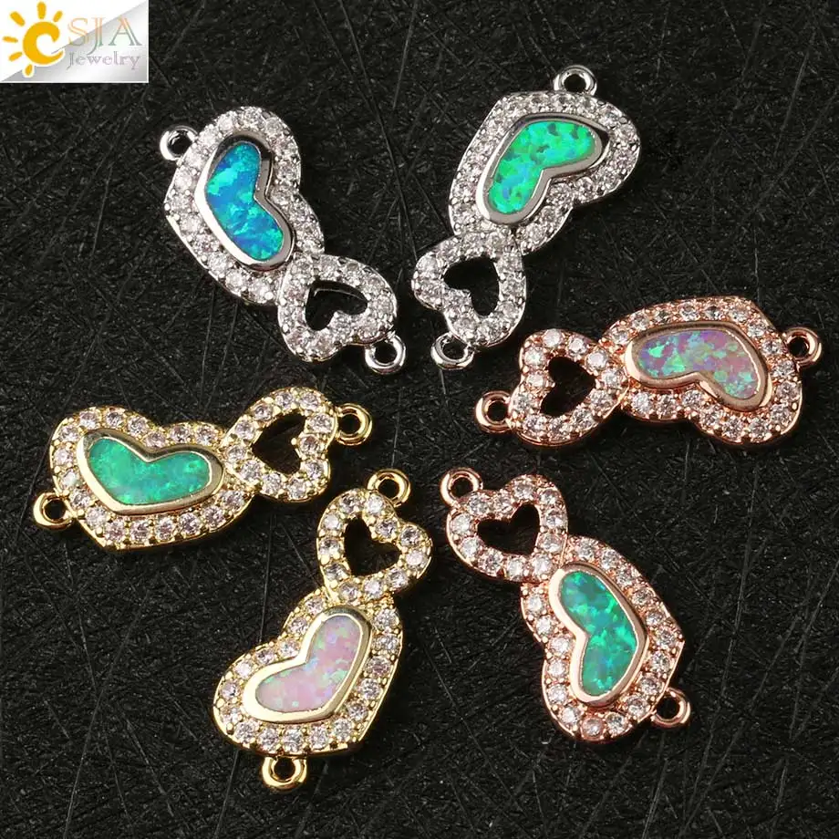 

CSJA Romantic Love Heart Charms Shiny Zircon Blue Fire Opal Double Holes Connector Fit DIY Bracelets Earrings Jewelry Gifts G137