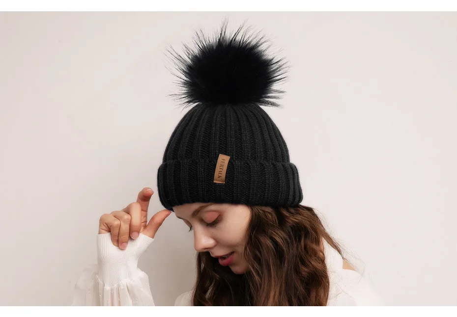 Женская вязаная шапка с помпоном FURTALK, теплая шапочка с помпоном из натурального меха енота, с бархатной подкладкой, для зимы