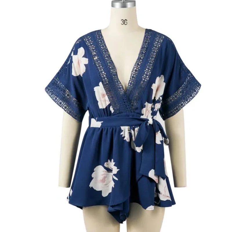 yinlinhe Short Sleeve Floral Summer Playsuit Blue Lace Hollow Out Backless Jumpsuit Women V neck Beach Boho Elegant Rompers 7