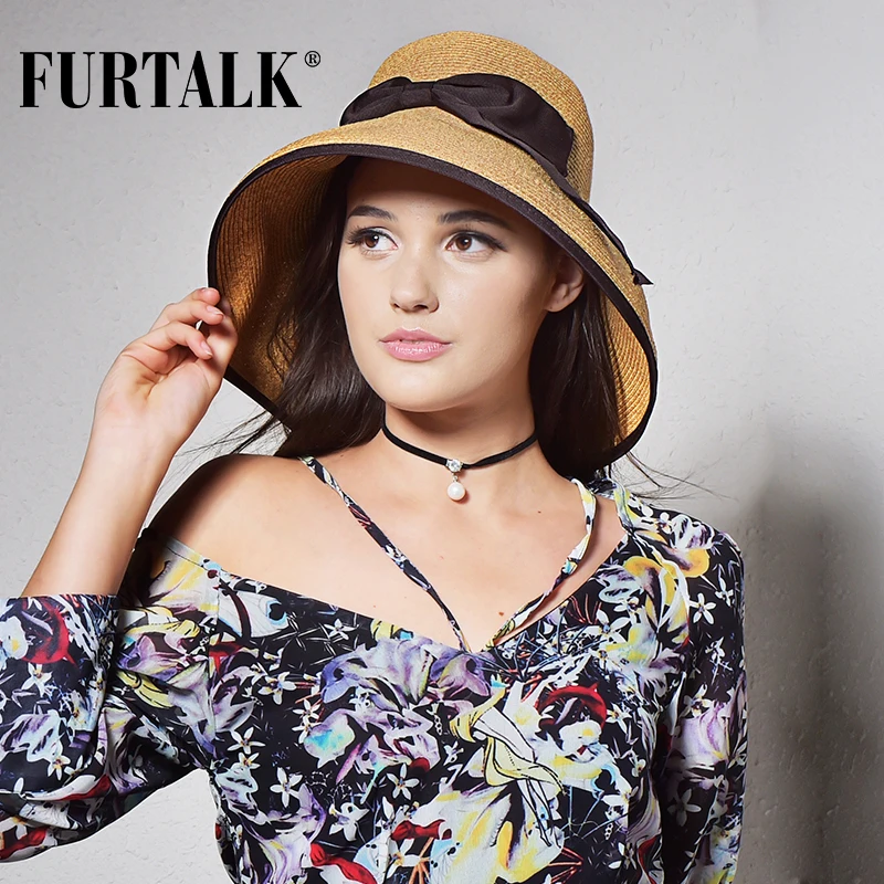 FURTALK летняя шляпа для женщин соломенной шляпе beach sun hat с большой бантом широкими