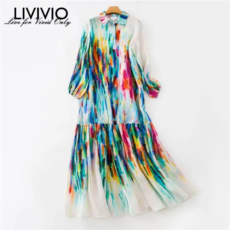 

[LIVIVIO] Summer Colorful Women Dress Lapel Lantern Sleeve Button Loose Ankle Length Dresses Female Fashion 2019 New Tide