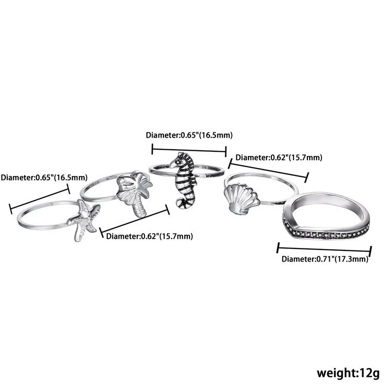 5 шт./компл. Популярные Starfish Hippocampus/костяшки уплотнительное кольцо Винтаж из тибетского серебра и океан кольца с животными для вечерние аксессуары