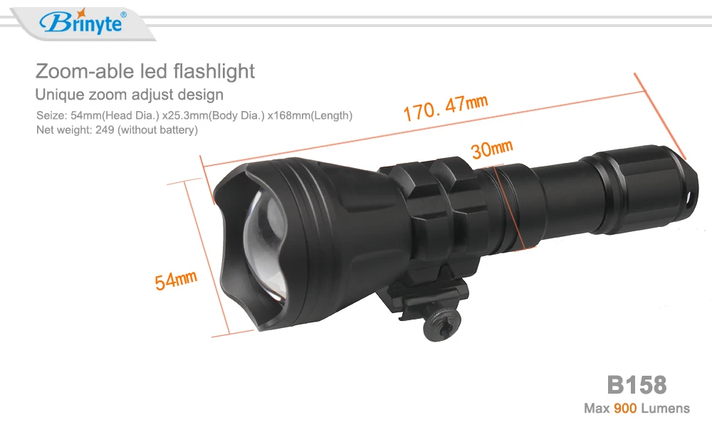 Brinyte B158 светодио дный охоты фонарик Масштабируемые свет зум в/прожектор 900lm Тактический Фонари красный/зеленый/синий светодио дный открытый свет