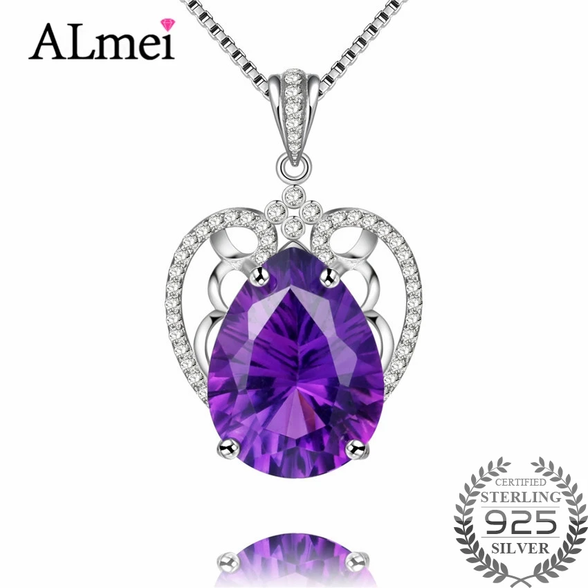 

Almei 925 Sterling Silver Necklaces Natural Purple Drop Pendant Amethysts Jewelry Big Rhinstone for Women Gift with Box CN031