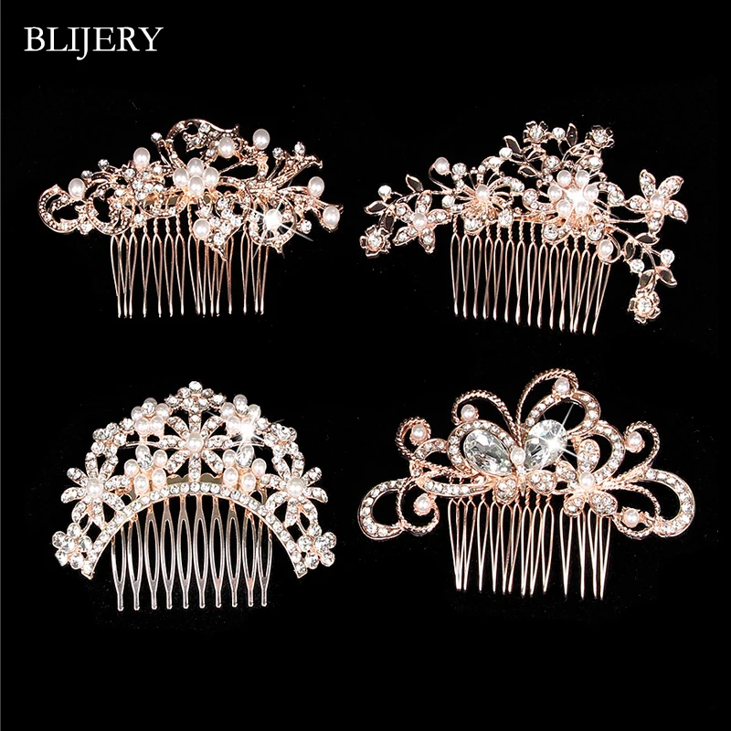 

BLIJERY Classic Bridal Hair Accessories Rose Gold Color Pearls Crystal Wedding Hair Combs for Women Hair Jewelry Brides Gifts
