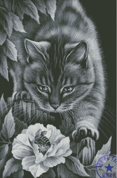 CS-1293 cross stitch kit cat kitty with bee flower, black cat kitty.jpg