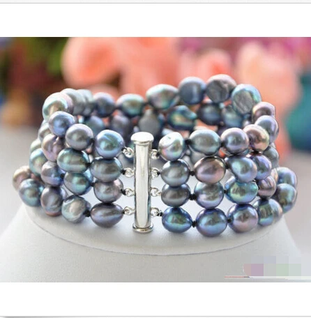 

P4442 4row 8" 9mm NATURE BLACK BAROQUE freshwater pearl BRACELET@^Noble style Natural Fine jewe FREE SHIPPING