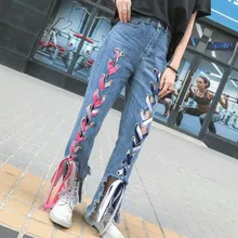 Потертые шорты для девочек зашнуровать Повседневное деним джинсы Рваные, с дырками Высокая уличная мода дизайнер Для женщин штаны карандаш со средней посадкой Брюки