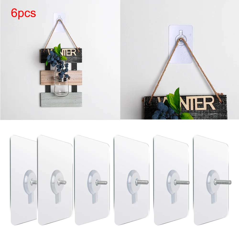 

6Pcs PVC Strong Adhesive Nails Wall Poster Seamless Wall Hook Waterproof Durable Transparent Kitchen Bathroom Screw Hook Hanger