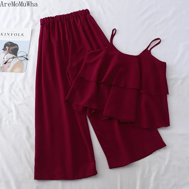 

AreMoMuWha Fashion Sets Summer Small Fresh Double Ruffled Sling Top + Elastic Waist Wide Leg Pants Two-piece Female womens MH357