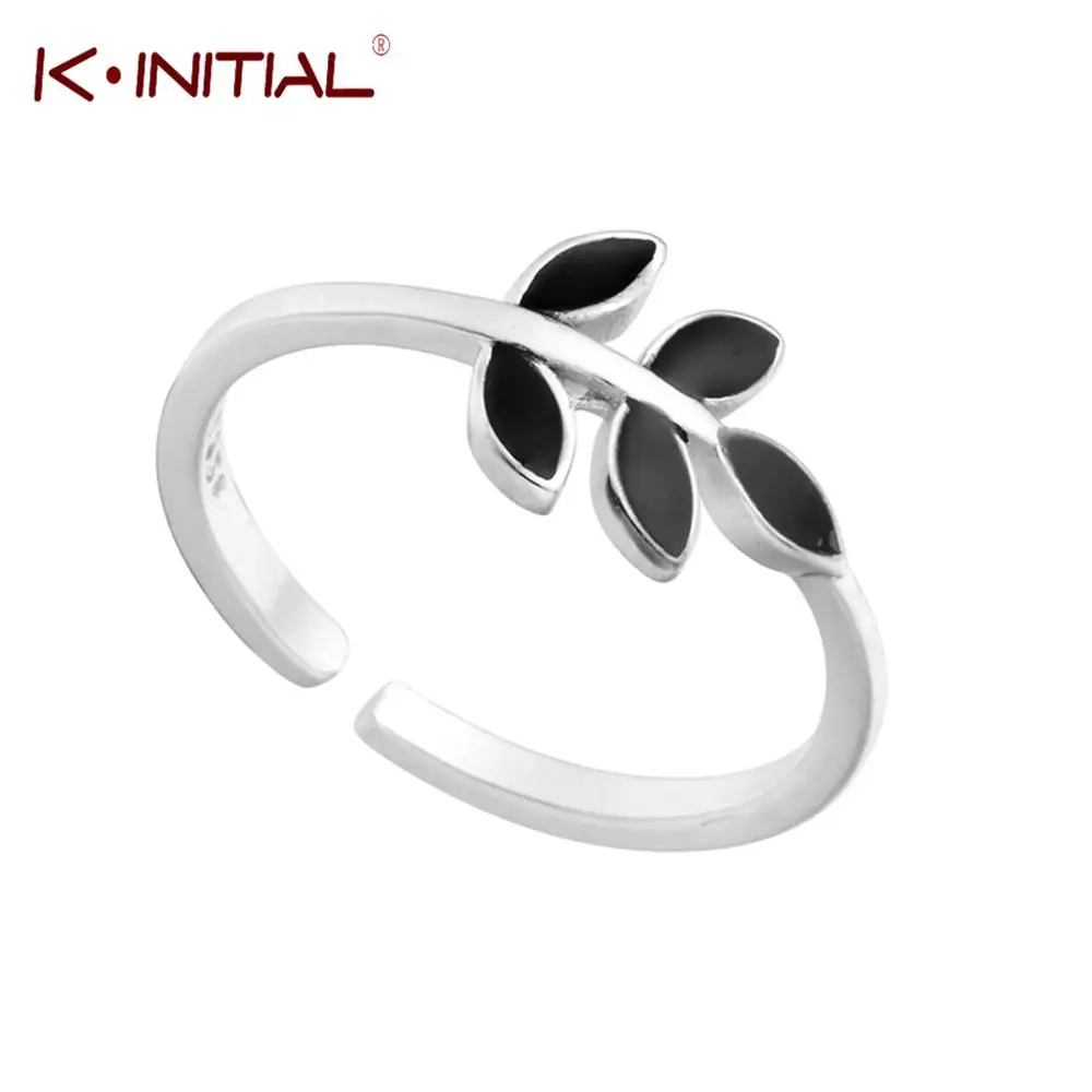 spring enamel black leaf Ginkgo biloba silver plated ring for women flower adjustable Wedding luxury gift Engagement Ring