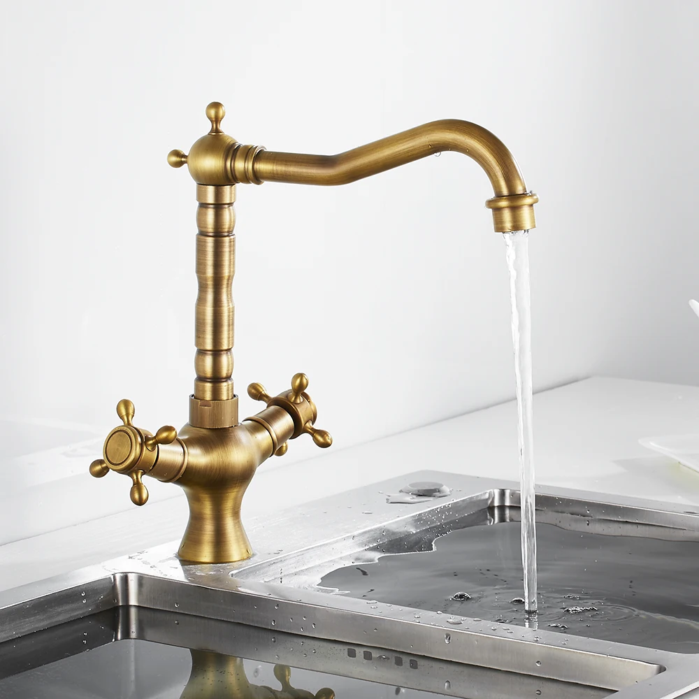 Kitchen Faucets Antique Brass Kitchen Sink Faucet 360 Swivel Bathroom Basin Sink Mixer Tap Dual Handles Cold And Hot Water Tap Kitchen Faucets Antique Brass Kitchen Sink Faucet 360 Swivel Bathroom Basin Sink Mixer Tap Dual Handles Cold And Hot Water Tap