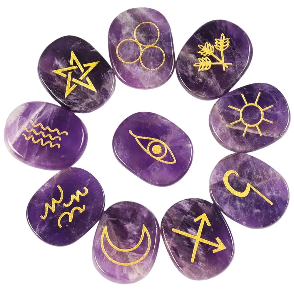 

TUMBEELLUWA 1Lot (10Pc) Natural Engraved Gypsy Wiccan Pagan Symbol Rune Set for Healing Reiki Balancing Divination