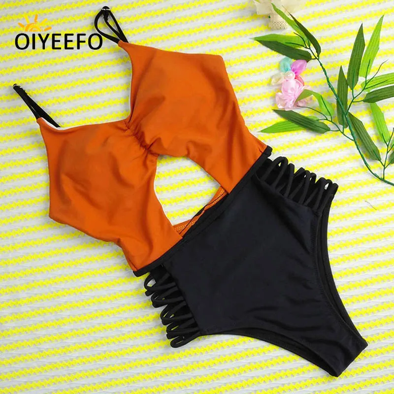 Oiyeefo 3 Colors High Waist Bathing Suits Women One Piece Sexy Hollow