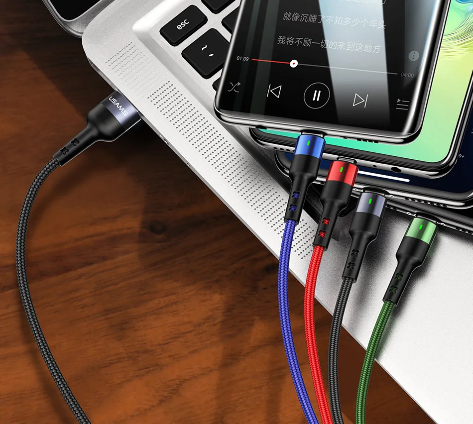 USAMS 4 в 1 Micro USB кабель 3A type C кабель для iPhone USB C кабель для зарядки 3 в 1 Пружинные шнуры для iPhone x xs samsung