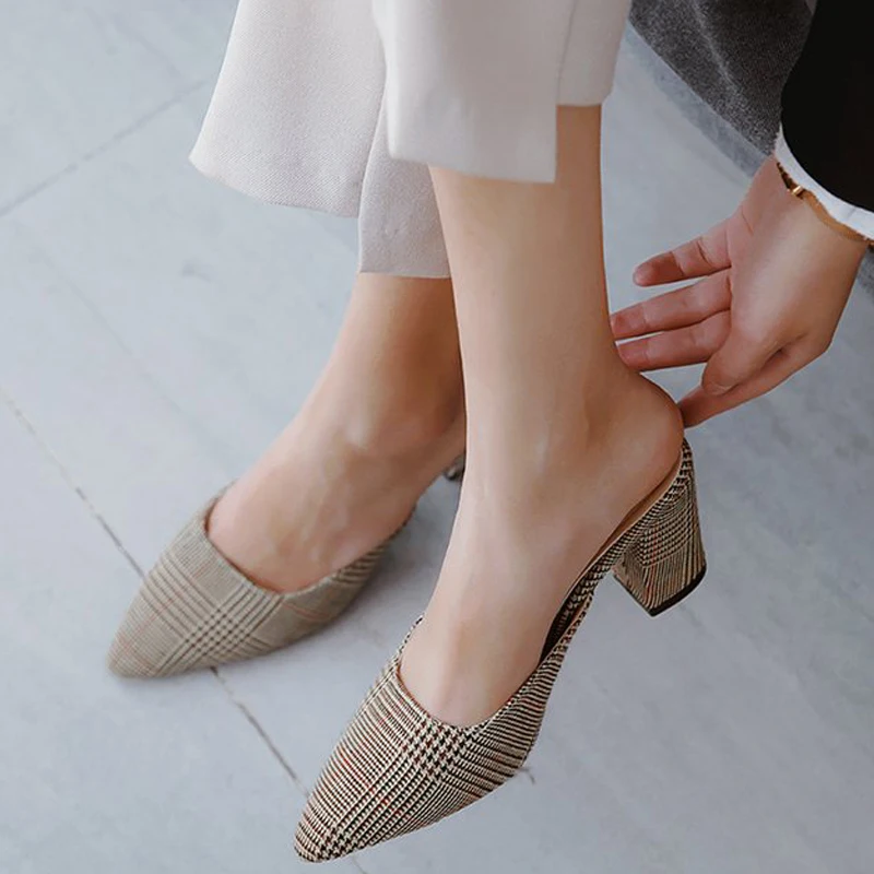 

Tangnest 2019 Summer Mules Women High Square Heels Gingham Outside Stretch Fabric Pointed Toe Slippers Casual Shoes XWT1621