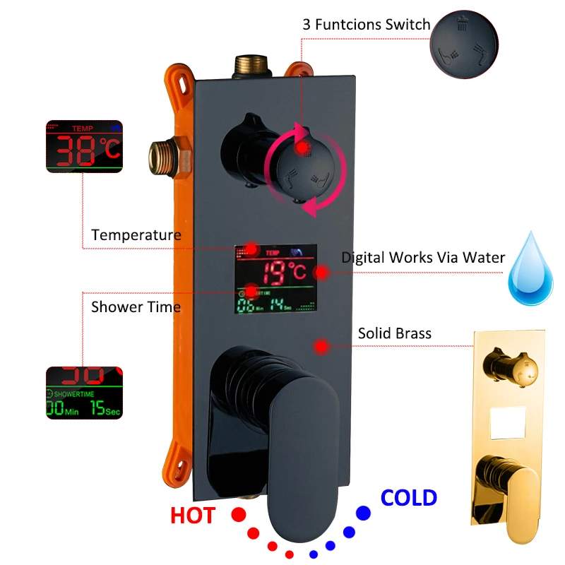Quyanre черный цифровой смесители для душа набор водопад дождевой Душ Насадки для душа 3-сторонний выход Цифровой температурный Дисплей смесителя скрыть Ванна Душ