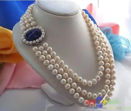 

Hot sale new Style >>>>> 3ROW 11MM WHITE ROUND FRESHWATER CULTURED PEARL NECKLACE LAPIS