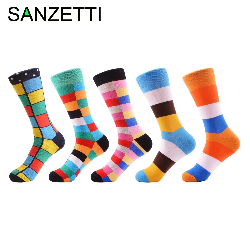 

SANZETTI 5 pairs/lot Men's Classic Combed Cotton Casual Dress Socks Grid Dress Party Socks Business Work Long Socks for Gifts