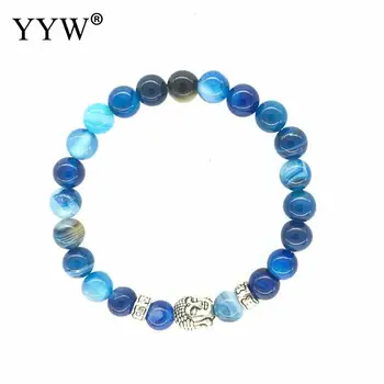 

YYW New Wrist Mala Stone Bracelets Jewelry Antique Silver Color Buddhist Charm 8mm Round Green Rose Dragon Veins Agata Bracelets
