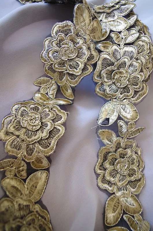 

Gold alencon lace trim with 3D rose , golden rose lace applique , GT042