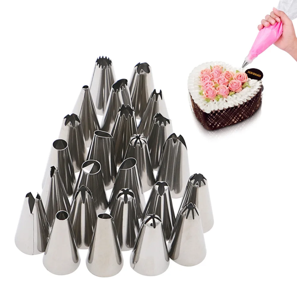 24Pcs Stainless Steel Pastry Nozzles Set Cream Russian Piping Tips Bakery Cupcake Cake DIY Decorating Tools
