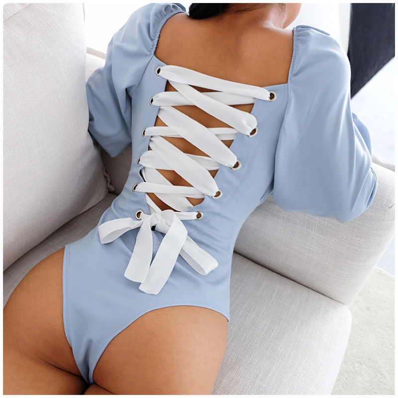 yellow bodysuit isiksus Black Summer Sexy Thong Bodysuit Women Long Sleeve Backless Lace Up Square Collar Open Crotch Bodysuit For Women JS025 pink bodysuit