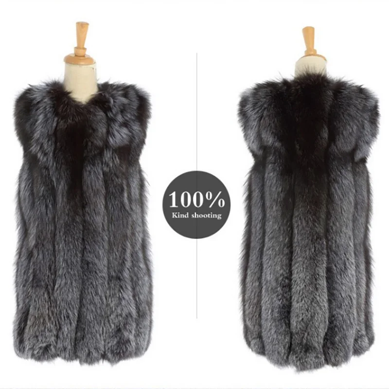  Hot silver Real Fox Fur Vest Winter Women Casual Warm Ladies Fur Coat bayan ceket long Sleeveless Fur Jacket Outerwear Clothing