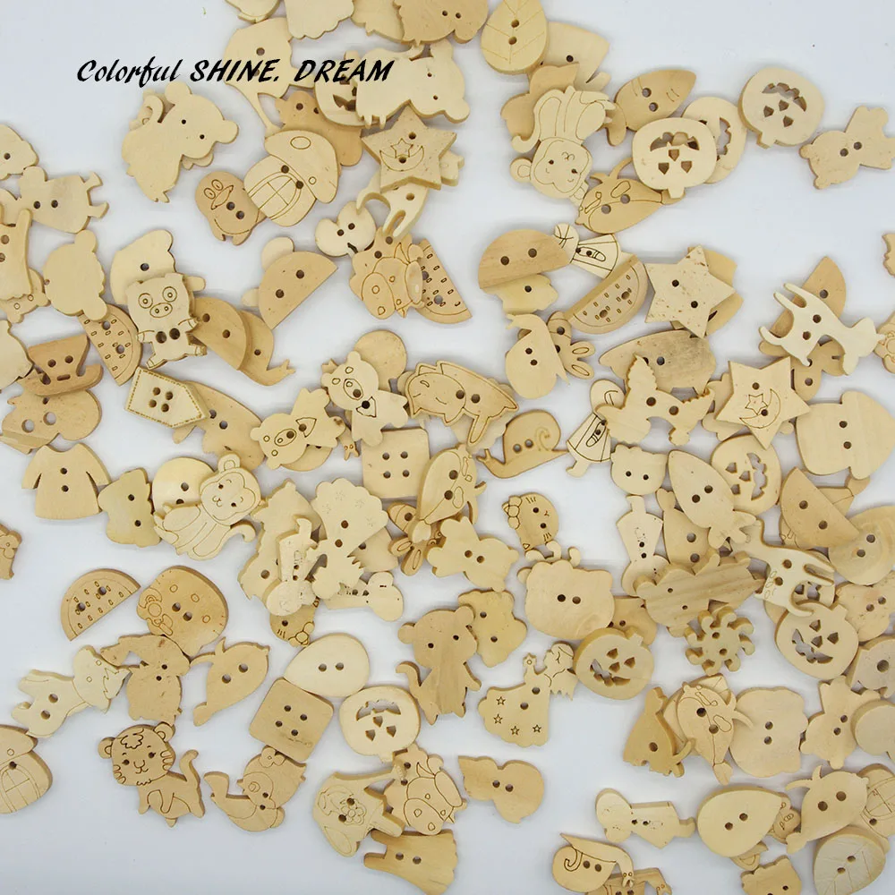 50pcs Wood Buttons Decorative Animal Mixed Natural Color Sewing Button
