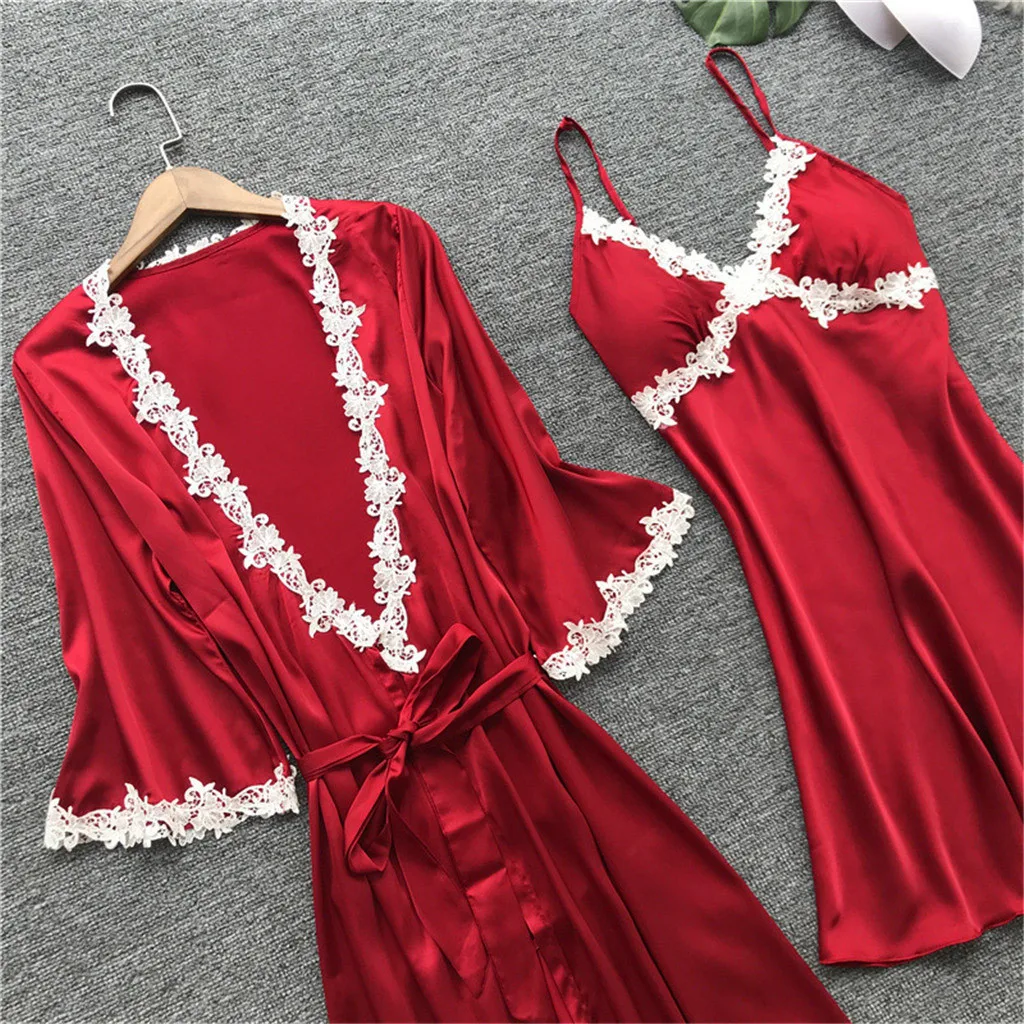 Women Satin Sexy pajamas Lace Lingerie Nightwear Underwear Babydoll Sleepwear Dress 5PC Suit pyjamas women sexy lingerie