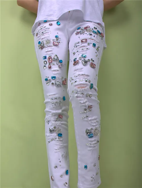 Light blue d pink 13 цветов критал дизайнерские джинсы алмазные рваные джинсы женские стрейч белые джинсы Рваные женские тонкие джинсовые узкие брюки J037 - Цвет: Light blue d pink