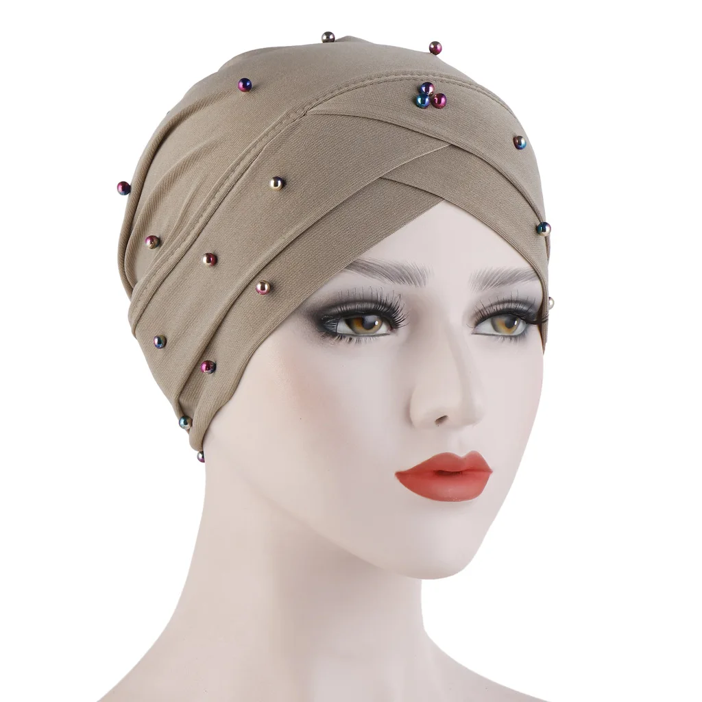 

Women's Color Beading Cross Muslim Hijabs Hat Elasticity India Cap Inner Hijab Cap Headband Turban Beading Chemo Cap Headwrap