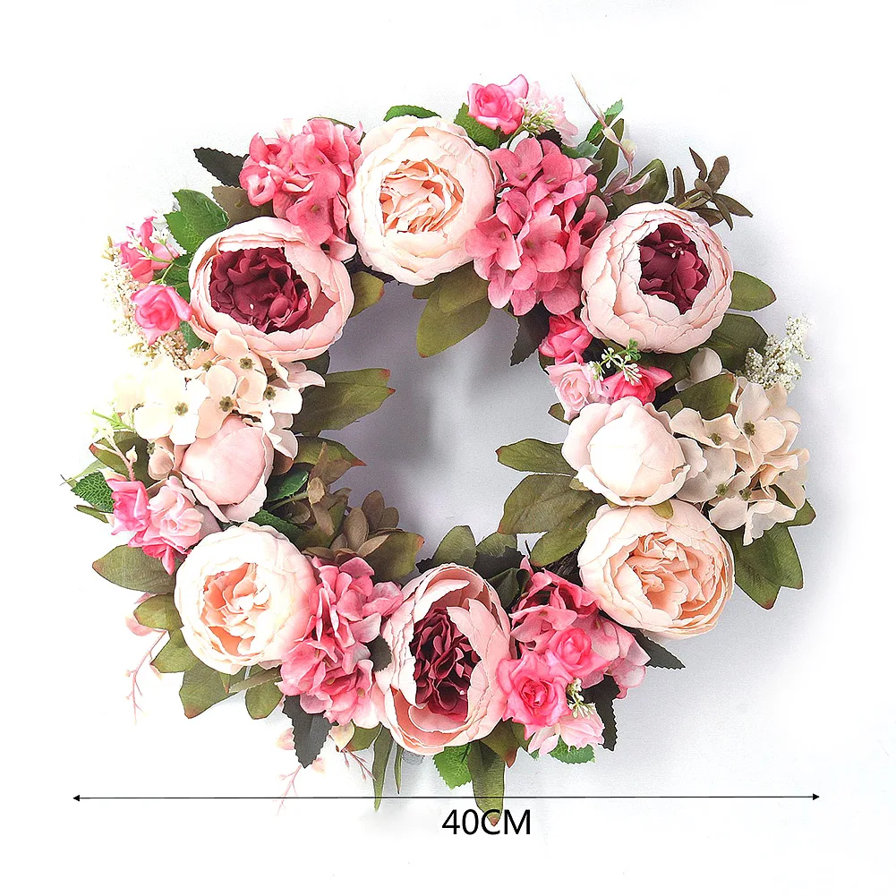 

Artificial Peony Flower Wreath Simulation Silk Cloth Flower Green Leaves Front Door Wedding Home Wall Hanging Decoration
