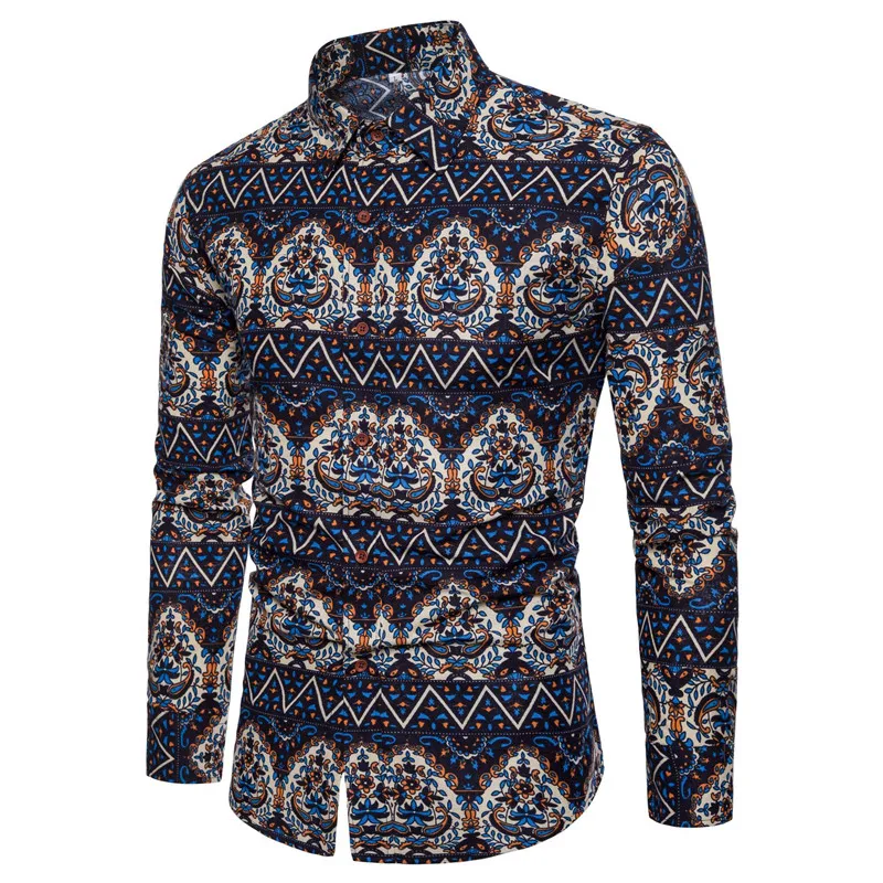 

Shirt Summer Men's Color Square Collar Long Sleeve Shirt Large Size S-5XL Men's Slim Casual Beach Holiday Cotton Flower Shirt