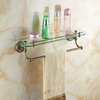 

European retro copper rack cosmetics glass antique single layer with towel bar towel rack hardware bathroom accessories lo820308
