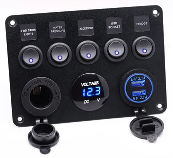 

5 Gang ON-OFF Toggle Switch Panel with 2.1A&2.1A Dual Dual USB Socket Charger LED Voltmeter 12V Power Outlet for Car Boat Marine